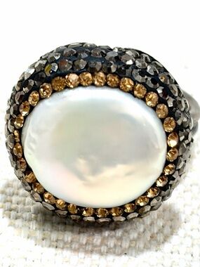 Statement Pearl Halo Swarowski Crystal Accents Elegant Cocktail Jewelry Ring